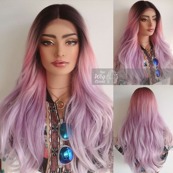 26" Pastel Pink Purple Ombre Wig Dark Roots| Kylie - Picture 3 of 8